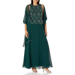 J Kara Womens 10 Petite Sleeveless Beaded Pop Over Long Dress w/ Scarf Green